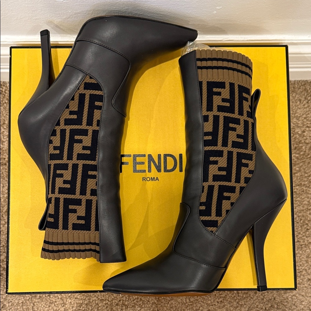FENDI Logo Knit Leather Ankle Boots 37.5 Brown FF Monogram Heel Booties